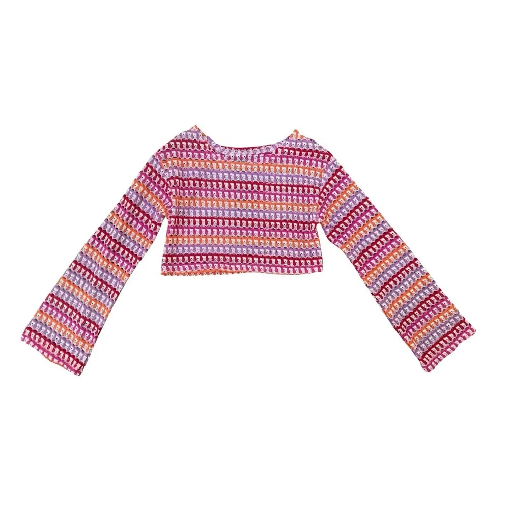 Womens Crochet Knit Crop Top Pink Orange Sheer Long Sleeve Beach Cover Up Boho